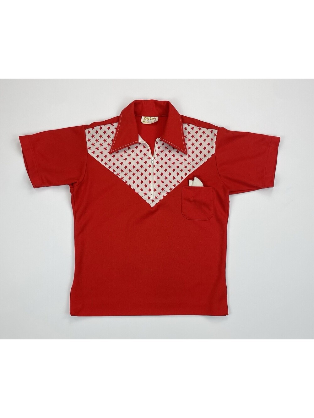 Vtg 70s King Louie Star Yoke Bowling Shirt Chain Stitch Red White Rockabilly S